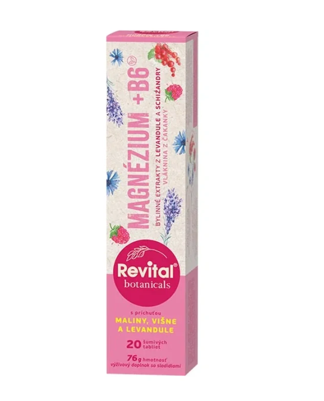 Revital Botanicals Magnézium + B6 s bylinnými extraktmi s príchuťou maliny višňe a levandule 20 šumivých tabliet