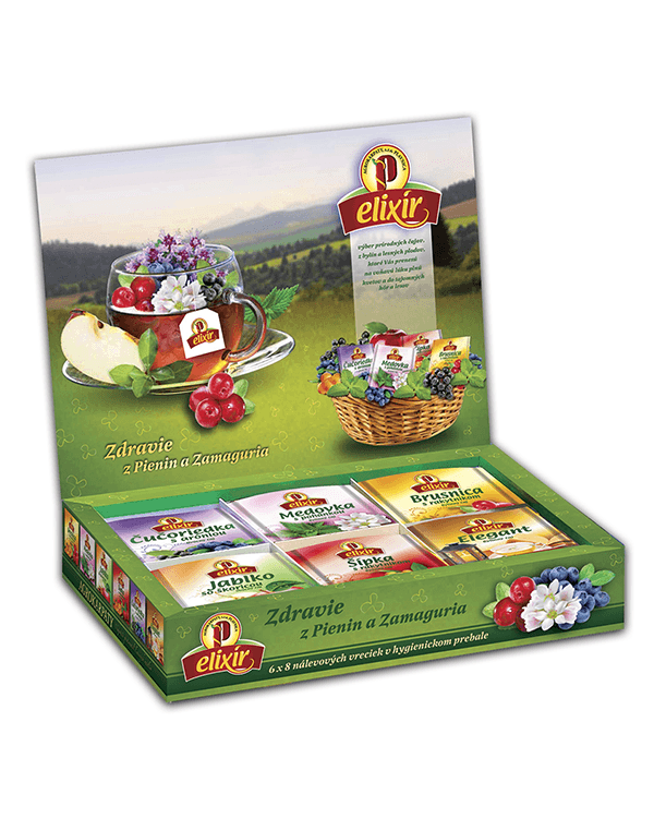 Agrokarpaty Elixír Zdravie z Pienin a Zamaguria čajová kazeta ovocný mix 8 x 6 druhov čajov