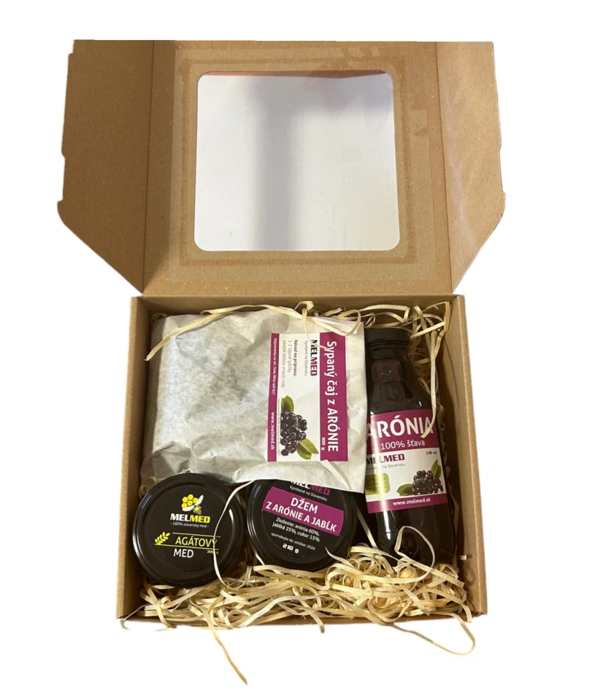 Darčeková sada Arónia - Šťava 330ml, Čaj 100g, Med 300g, Džem 210g