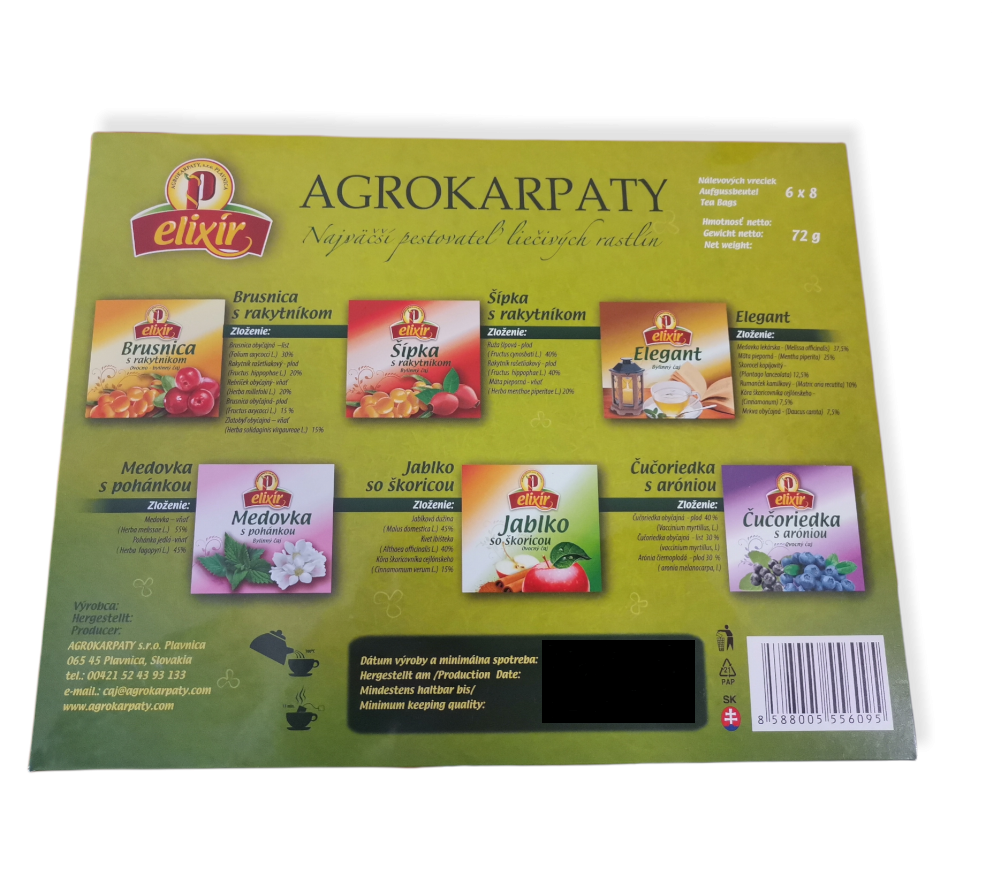 Agrokarpaty Elixír Zdravie z Pienin a Zamaguria čajová kazeta ovocný mix 8 x 6 druhov čajov