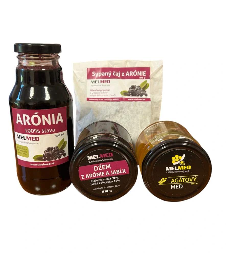 Darčeková sada Arónia - Šťava 330ml, Čaj 100g, Med 300g, Džem 210g